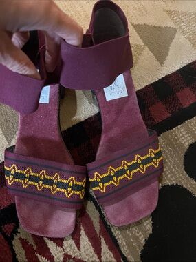 Embroidered Wine Burgundy Strap Mules with Elastic Ankle